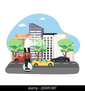 Businessman with briefcase commuting to work on monocycle, flat vector illustration. Eco friendly city transport. Stock Vector