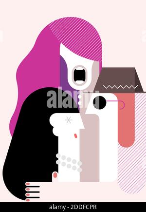 Woman singing at the time a couple dancing. Flat design vector illustration. Woman with beads around her neck, man in a hat. Stock Vector