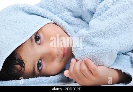 Beautiful happy childhood in robe, isolated Stock Photo