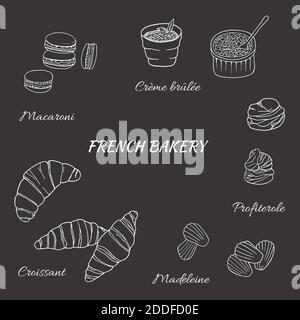 Vector hand drawn of french bakery set with croissant, macaron, creme brulee, madeleine, profiterole. Design sketch element for menu cafe, bistro, res Stock Vector