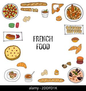 Vector hand drawn of french food. Colorful set of French dishes and bakery with croissant, macaron, profiterole, baguette, bouillabaisse, escargot, qu Stock Vector