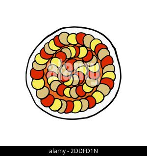 Vector hand drawn ratatouille on plate top view. French cuisine dish. Design sketch element for menu cafe, bistro, restaurant, bakery, label and packa Stock Vector