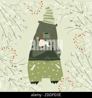 Cute cartoon bear hugging sleeping girl in blossom bushes Stock Vector