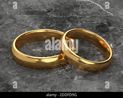 Two wedding gold rings lie next to each other on marble background. 3d rendering Stock Photo