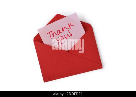 Red envelope with thank you letter on white background Stock Photo