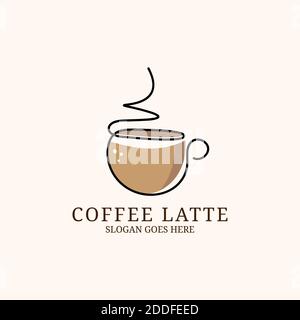 Modern Coffee late logo design template, with single line art outline style illustration Stock Vector