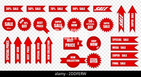 Black friday price tags red and white stickers. Sale promotion website banner new clearance offer badge collection. Isolated Vector illustration Stock Vector