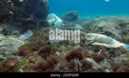 Massive plastic pollution of the ocean bottom. Seabed covered with a lot of plastic garbage. Bottles, bags and other plastic debris on seabed in Medit Stock Photo