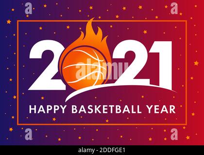 Happy Basketball Year 2021 with text and ball in fire on orange background. Merry Christmas vector illustration with 2, ball & 21 numbers, invitation Stock Vector