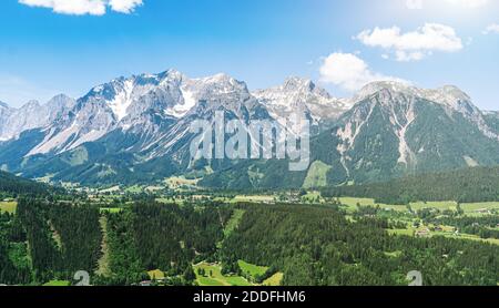 Panoramatic view on Dachstein am Ramsau mountains in Alps in Austria. Stock Photo