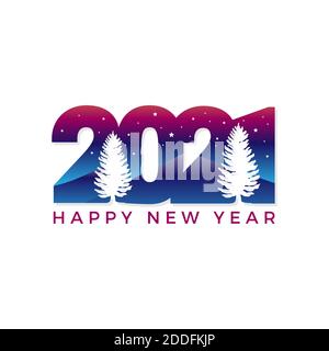 Happy new year 2021 concept. design with a mountain in the night sky with a pine tree. Elegant colorful gradient design. vector illustration template. Stock Vector