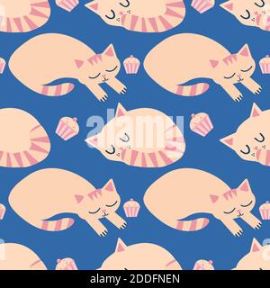 Cute sleeping kawaii cats with cupcakes vector seamless pattern background. Pink blue backdrop with curled up sleepy cartoon kitties. Hand drawn Stock Vector