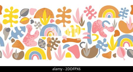 Abstract shapes seamless vector border. Cut out plants and rainbow shapes seamless horizontal pattern. Organic Hand paper cutting matisse style Stock Vector