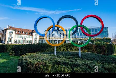 A picture taken in Lausanne Switzerland, on November 22, 2020 shows the headquarters of the International Olympic Committee (IOC). Stock Photo
