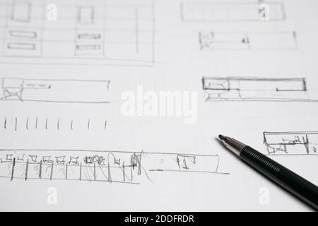 Architecture plan sketches with mechanical pencil Stock Photo