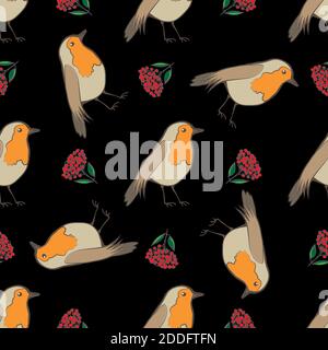 Robin Redbreast, berries and leaf foliage seamless vector pattern background. Garden birds and fruit of cotoneaster plant on black background. Winter Stock Vector