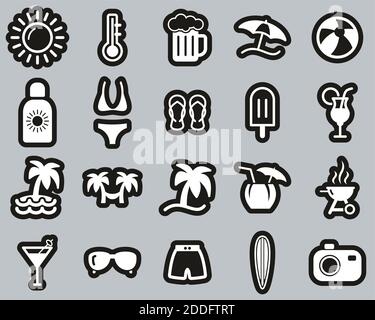 Summer Icons White On Black Sticker Set Big Stock Vector