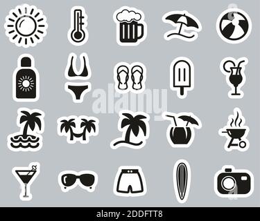 Summer Icons Black & White Sticker Set Big Stock Vector