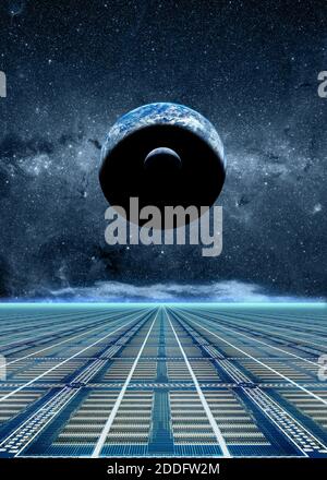 Microchips field crescent Earth Moon and space concept Stock Photo