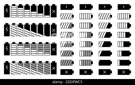 Battery charge vector icon set. Vector set of mobile interface top line icons for and phone charge level. Flat style. Vector graphics Stock Vector