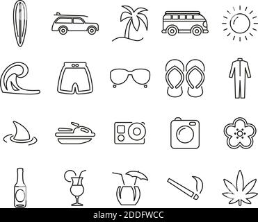 Surfing Sport & Lifestyle Icons Black & White Thin Line Set Big Stock Vector