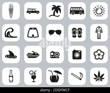 Surfing Sport & Lifestyle Icons Black & White Flat Design Set Big Stock Vector