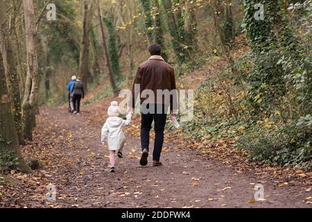 A man holding his daughters hand walking through a forest in autumn Stock Photo