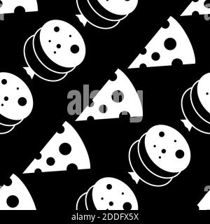 Vector seamless pattern with slices of salami and cheese sausage isolated on a black background. Pizza ingredients. Background for menu. Flat style ca Stock Vector