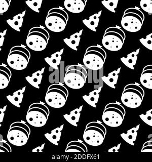 Vector seamless pattern with slices of salami and cheese sausage isolated on a black background. Pizza ingredients. Background for menu. Flat style ca Stock Vector