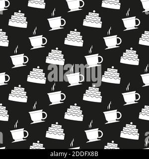 Seamless coffee and cake pattern. Tea and cakes pattern. Menu design. Vector illustration. Tea and cake seamless pattern. White silhouette on a black Stock Vector
