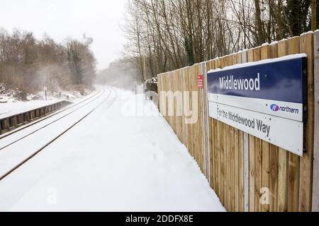 Middlewood railway station in winter and covered in snow Stock Photo