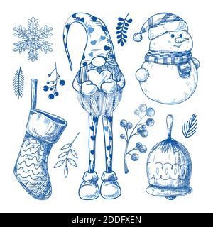 Christmas set. Different Christmas elements on a white background. Sketch, vector Stock Vector