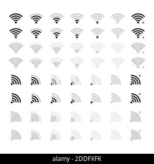 Wi-Fi phone signal icons. Vector set of mobile interface top line icons for wifi signal level. wifi icons for remote access and communication via radi Stock Vector