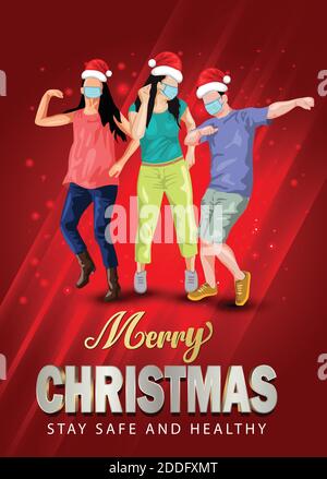 Merry christmas Dance Night Party Flyer design with group of people dancing with santa hand and wearing surgical mask. coronavirus, covid-19 concept. Stock Vector