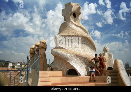 On the roof of the Casa Milà, (La Pedrera), Passeig de Gràcia, Barcelona, Catalonia, Spain.  MODEL RELEASED Stock Photo