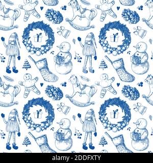 Christmas seamless pattern. Toys, snowman, wreath and other Christmas elements. Sketch vector Stock Vector