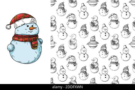 Christmas seamless pattern with snowmans. Sketch, vector illustration by hand drawn Stock Vector