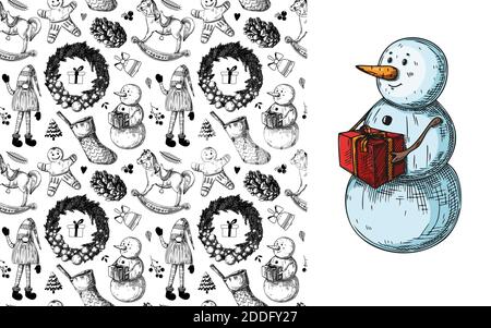 Christmas seamless pattern. Toys, snowman, wreath and other Christmas elements. Sketch vector Stock Vector