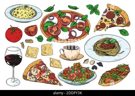Set of different Italian dishes. Pizza, spaghetti, risoto and other popular Italian dishes. Vector illustration Stock Vector
