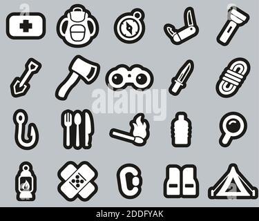 Survival Kit Icons White On Black Sticker Set Big Stock Vector