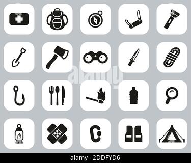 Survival Kit Icons Black & White Flat Design Set Big Stock Vector
