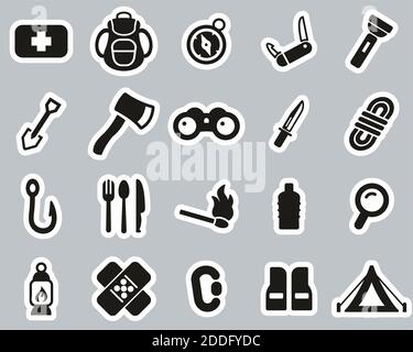 Survival Kit Icon Black & White Sticker Set Big Stock Vector