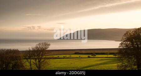 Morning light over Porlock Bay and Bossington Hill viewed from Worthy in Exmoor National Park, Somerset, England. Stock Photo