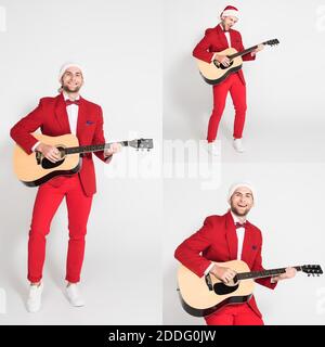 Collage of cheerful man in santa hat playing acoustic guitar on grey background Stock Photo