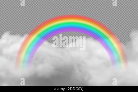 Bright arched rainbow with clouds realistic vector illustration on transparent background Stock Vector
