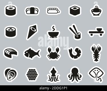 Sushi Icons Black & White Sticker Set Big Stock Vector