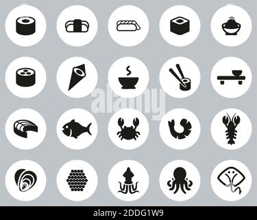 Sushi Icons Black & White Flat Design Circle Set Big Stock Vector