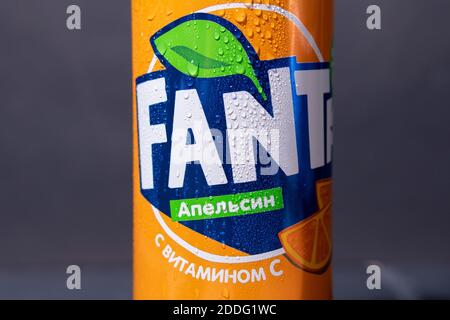 Tyumen, Russia-November 02, 2020: Fanta orange soft drink logo close-up with water drops. Stock Photo