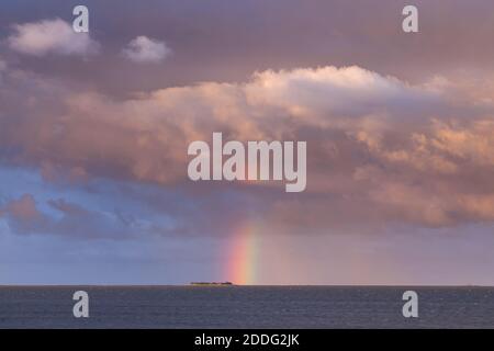 geography / travel, Germany, Schleswig-Holstein, Dagebuell, rainbow over the mud flats and a Hallig in, Additional-Rights-Clearance-Info-Not-Available Stock Photo