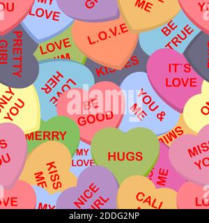 Colorful candy hearts seamless pattern background. Cute heart shaped candies with love authors. Set of sweets for conversation on Valentine's Day. Vec Stock Vector